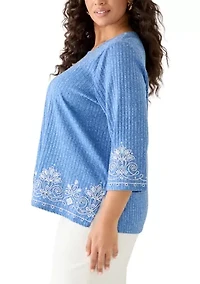 Plus 3/4 Sleeve Embroidered Rib Knit Top
