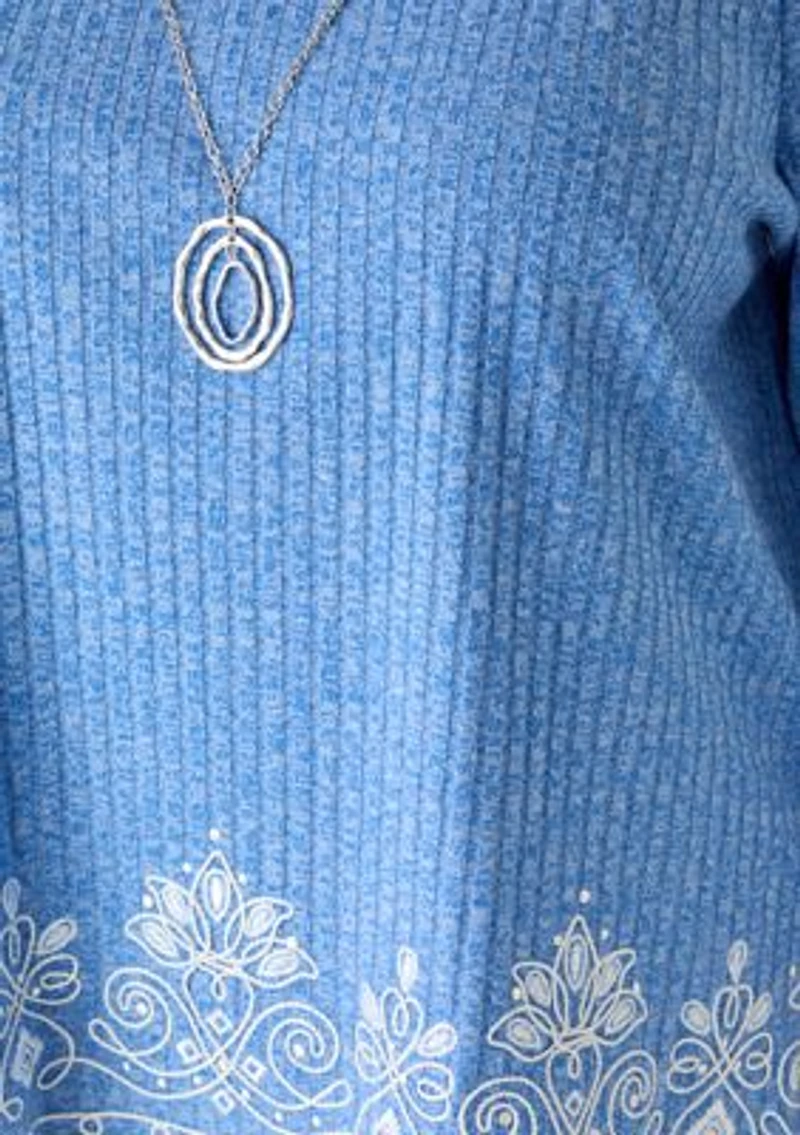 Plus 3/4 Sleeve Embroidered Rib Knit Top