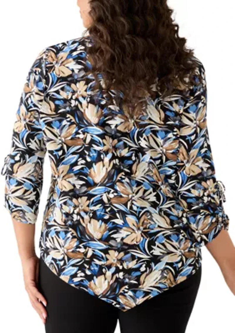 Plus 3/4 Sleeve Brushstroke Floral Blouse