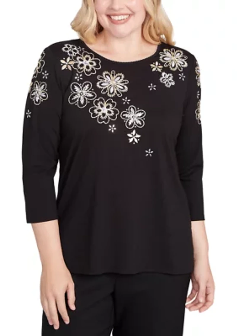 Petite Business As Usual Embroidered Floral Yoke Top