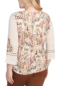 Women's Mount Laurel Geo Floral Embroidery Printed Back Top