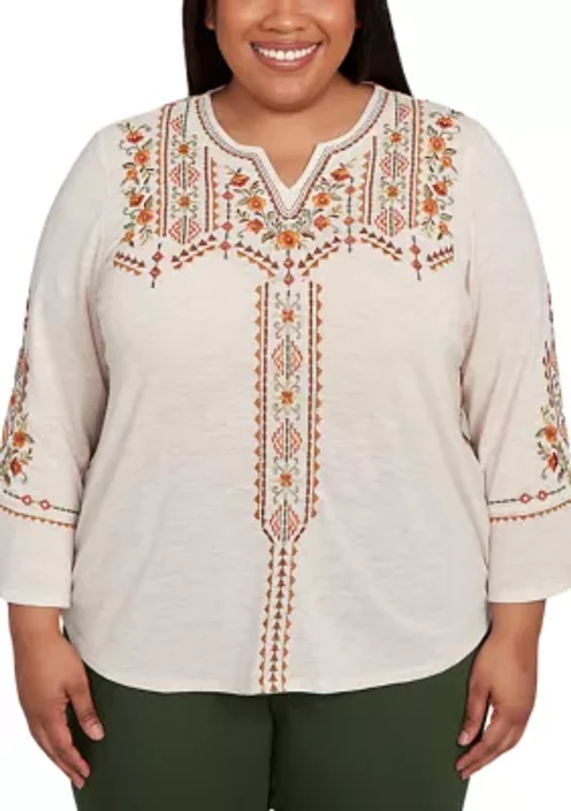 Plus Mount Laurel Geo Floral Embroidery Printed Back Top