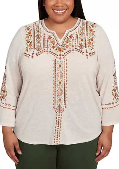 Plus Mount Laurel Geo Floral Embroidery Printed Back Top