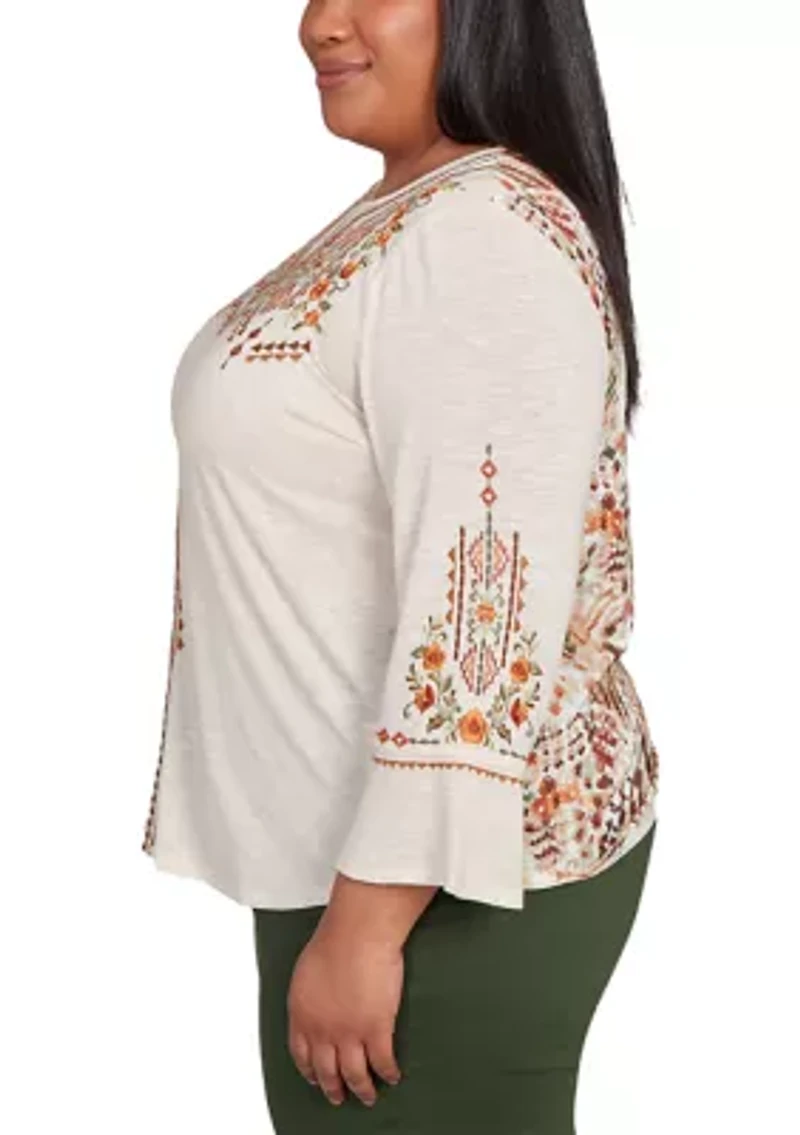 Plus Mount Laurel Geo Floral Embroidery Printed Back Top