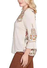 Petite Mount Laurel Geo Floral Embroidery Printed Back Top