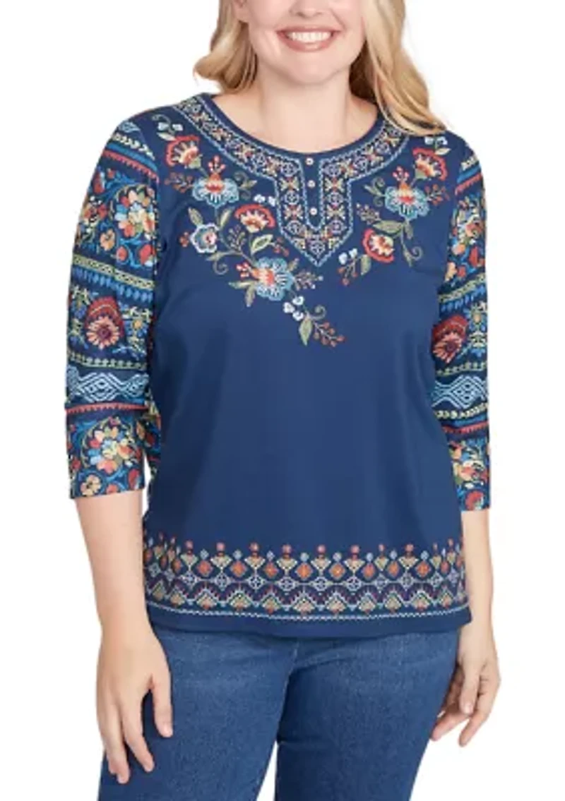 Women's Sunset Canyon Floral Embroidery Top with Print Sleeves