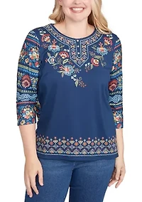 Women's Sunset Canyon Floral Embroidery Top with Print Sleeves
