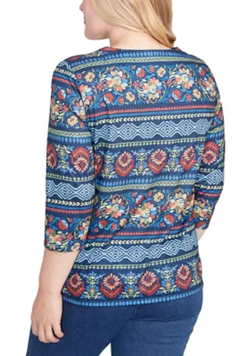Women's Sunset Canyon Floral Embroidery Top with Print Sleeves