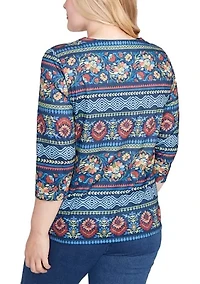 Women's Sunset Canyon Floral Embroidery Top with Print Sleeves