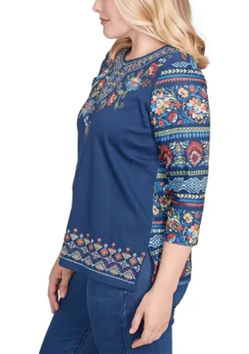 Women's Sunset Canyon Floral Embroidery Top with Print Sleeves