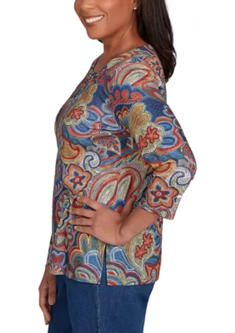 Women's Sunset Canyon Stitched Floral Batik Top