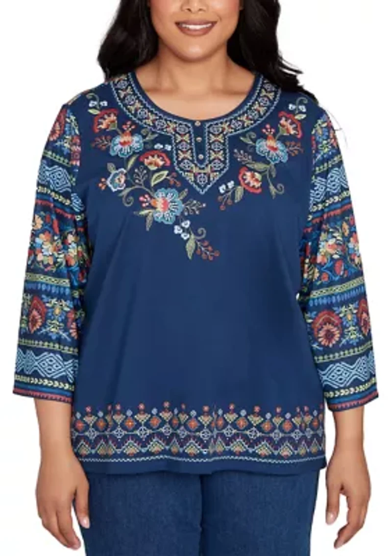 Plus Sunset Canyon Floral Embroidery with Print Sleeves