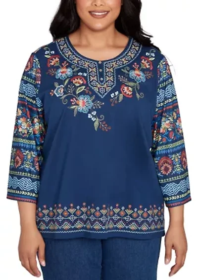 Plus Sunset Canyon Floral Embroidery with Print Sleeves