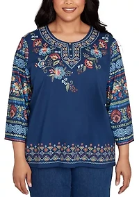 Plus Sunset Canyon Floral Embroidery with Print Sleeves