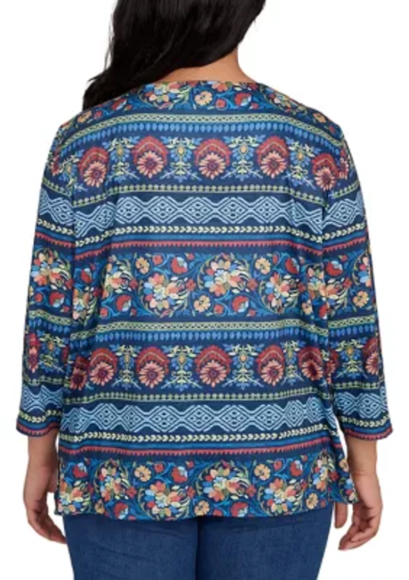 Plus Sunset Canyon Floral Embroidery with Print Sleeves
