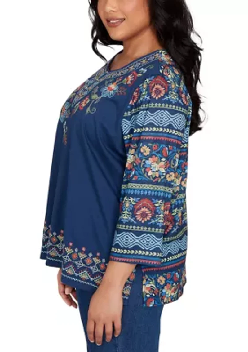 Plus Sunset Canyon Floral Embroidery with Print Sleeves