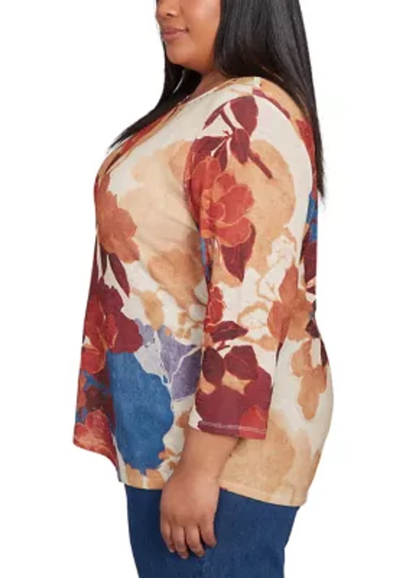 Plus Sunset Canyon Drama Abstract Floral Top