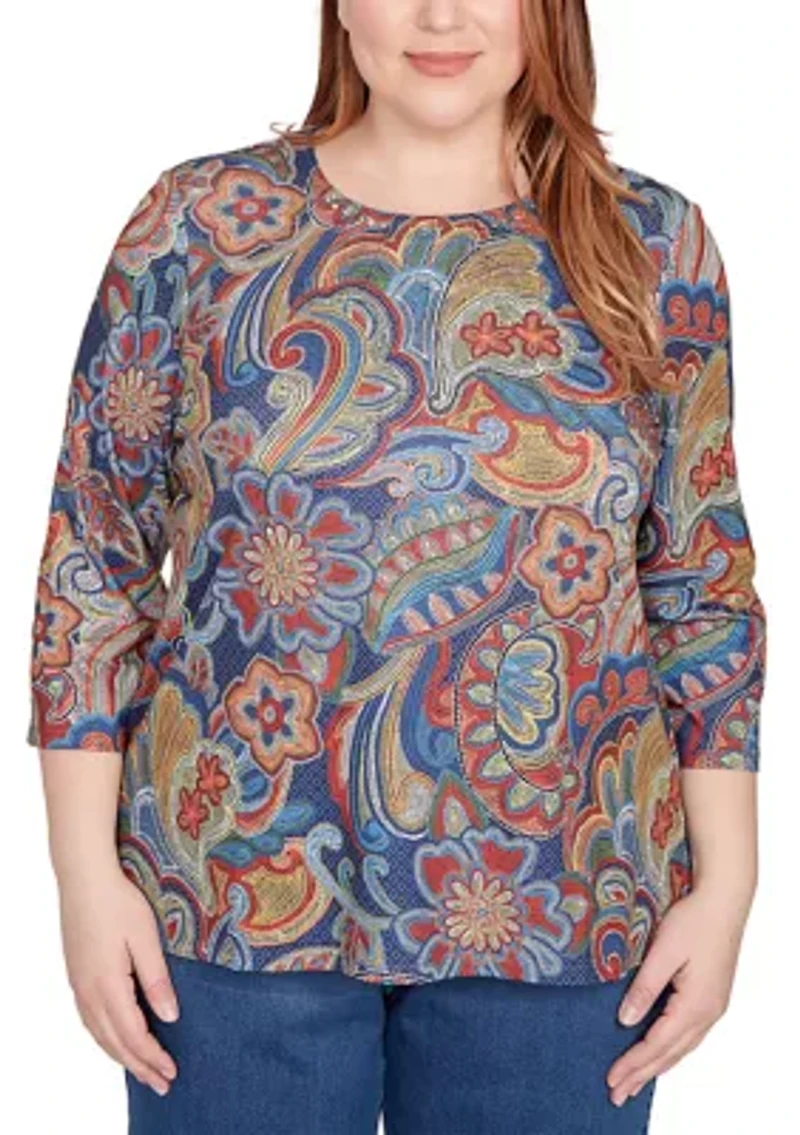 Plus Sunset Canyon Stitched Floral Batik Top