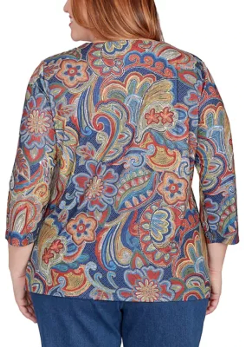 Plus Sunset Canyon Stitched Floral Batik Top