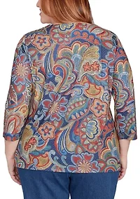 Plus Sunset Canyon Stitched Floral Batik Top