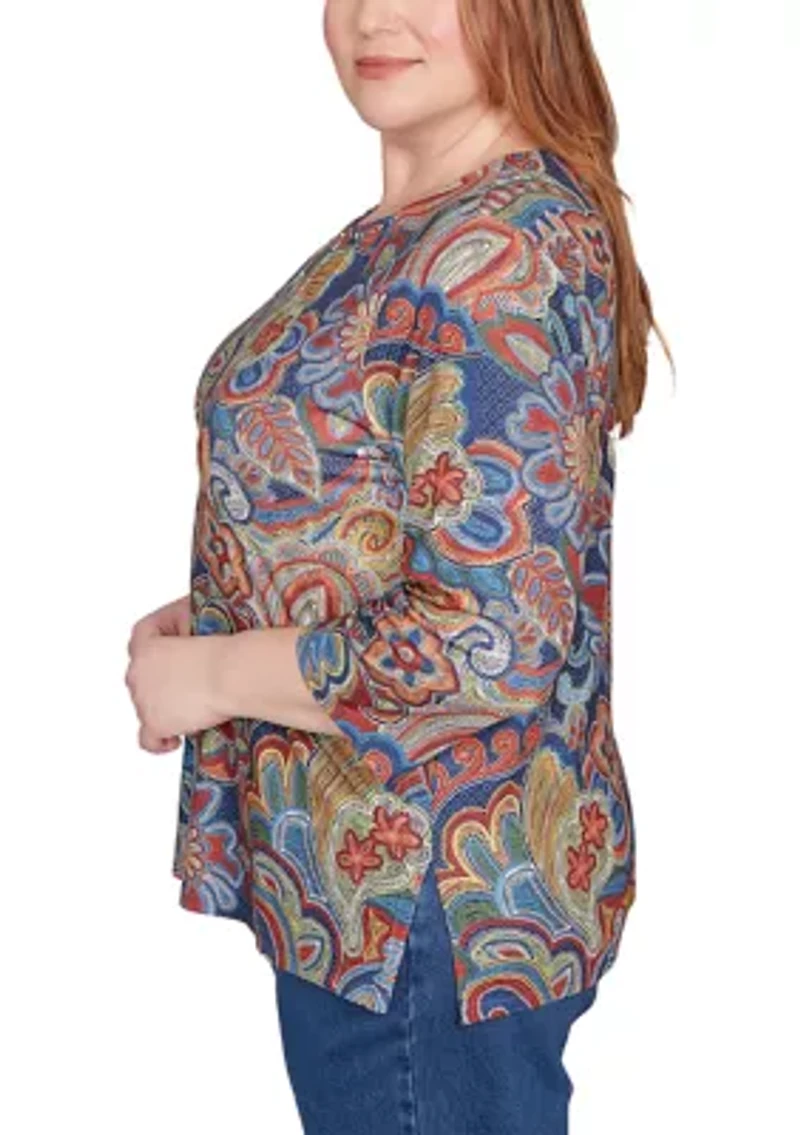 Plus Sunset Canyon Stitched Floral Batik Top