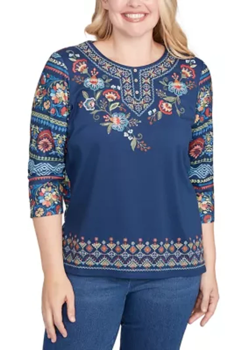 Petite Sunset Canyon Floral Embroidery Top with Print Sleeves