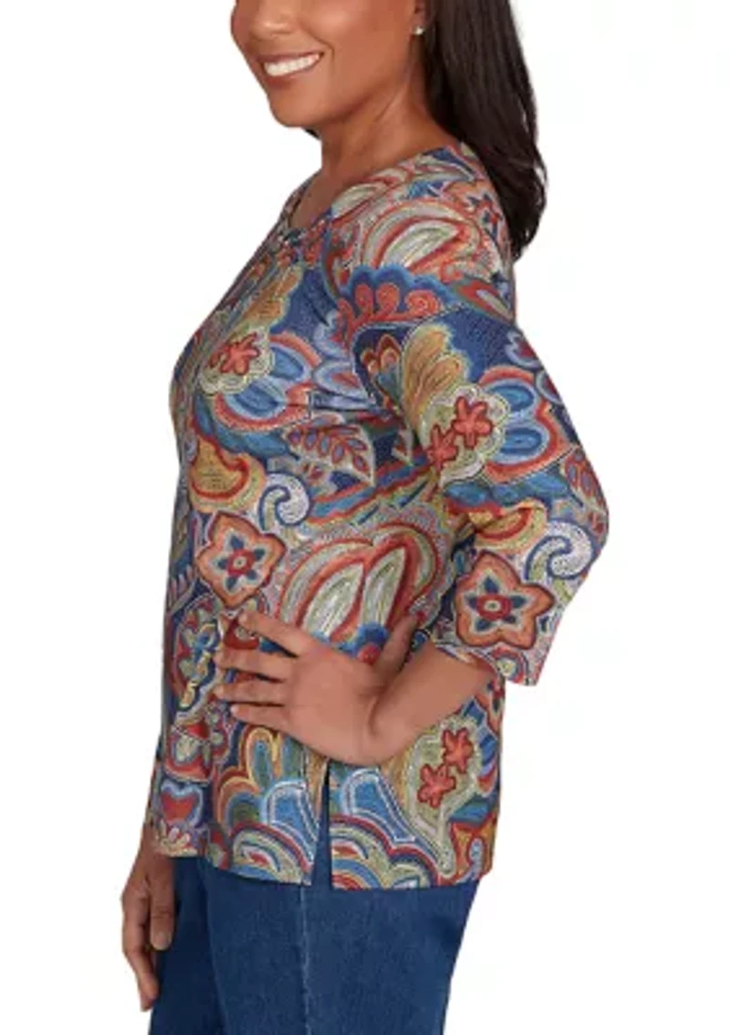Petite Sunset Canyon Stitched Floral Batik Top