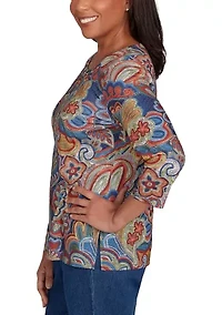 Petite Sunset Canyon Stitched Floral Batik Top