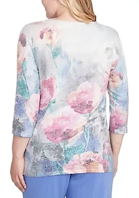 Women's Casual Vibe Border Brushstroke Floral Top