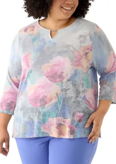 Plus Casual Vibe Border Brushstroke Floral Top