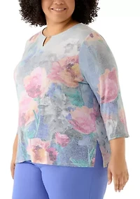 Plus Casual Vibe Border Brushstroke Floral Top
