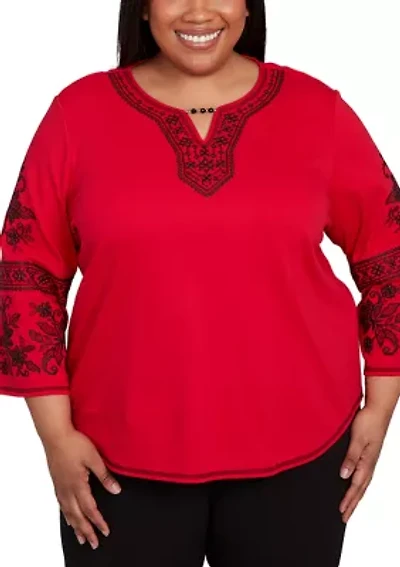 Plus Jet Setter Embroidered Sleeve Top