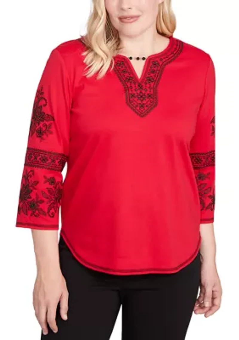 Petite Jet Setter Embroidered Sleeve Top