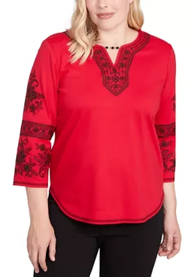 Petite Jet Setter Embroidered Sleeve Top