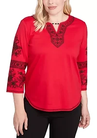 Petite Jet Setter Embroidered Sleeve Top