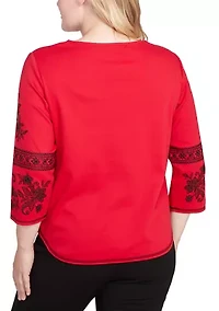 Petite Jet Setter Embroidered Sleeve Top