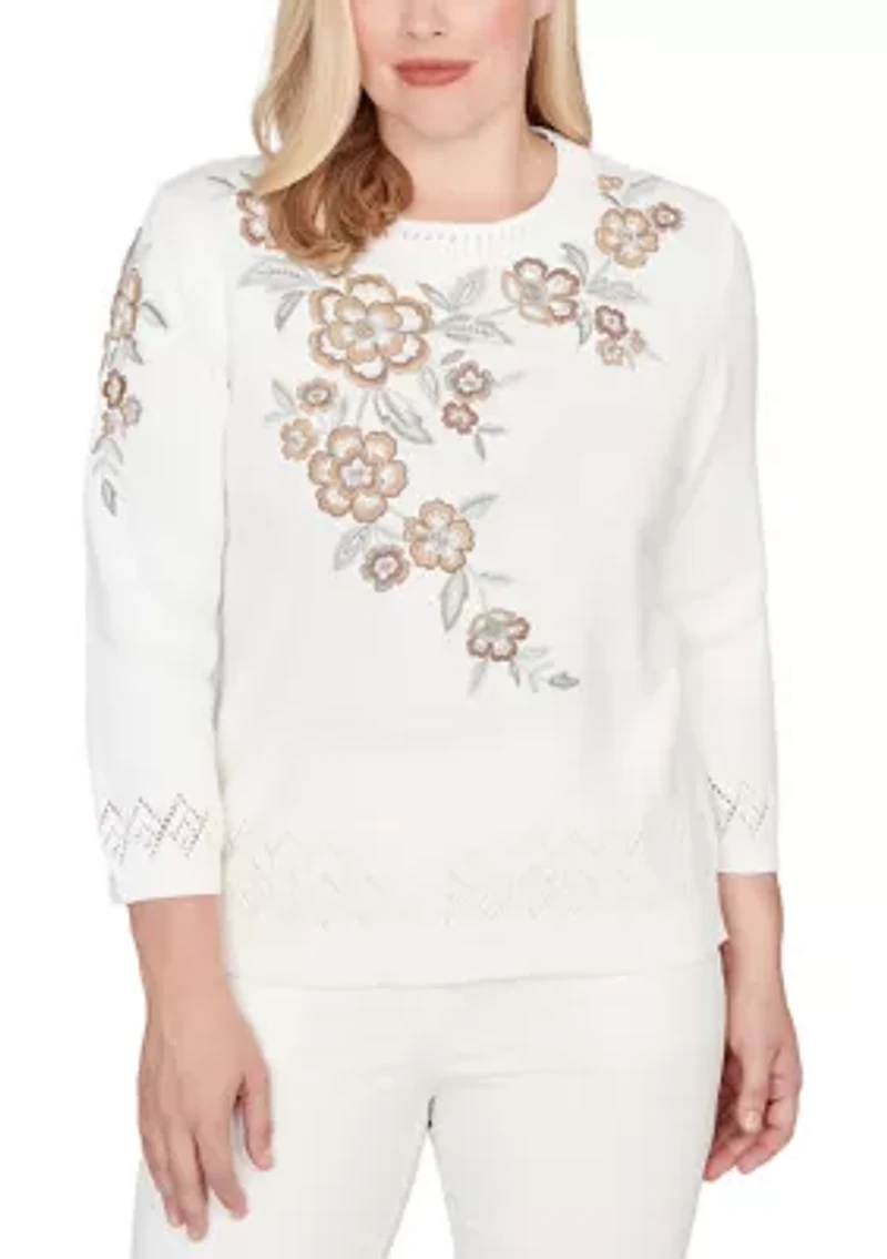Women's Vienna Floral Embroidery Yoke Cotton/Acrylic Sweater
