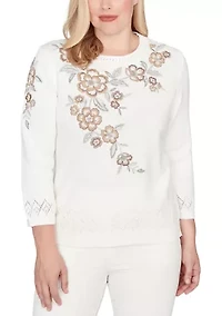 Women's Vienna Floral Embroidery Yoke Cotton/Acrylic Sweater