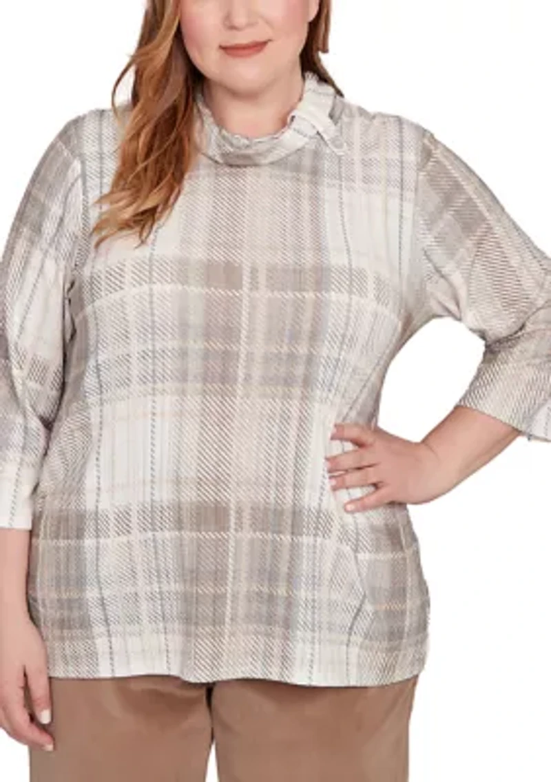 Plus Vienna Plaid Cowl Neck Knit Top