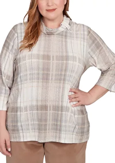 Plus Vienna Plaid Cowl Neck Knit Top