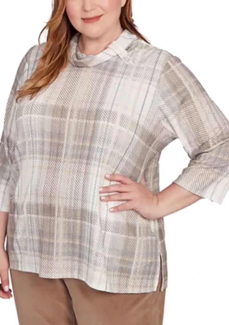 Plus Vienna Plaid Cowl Neck Knit Top
