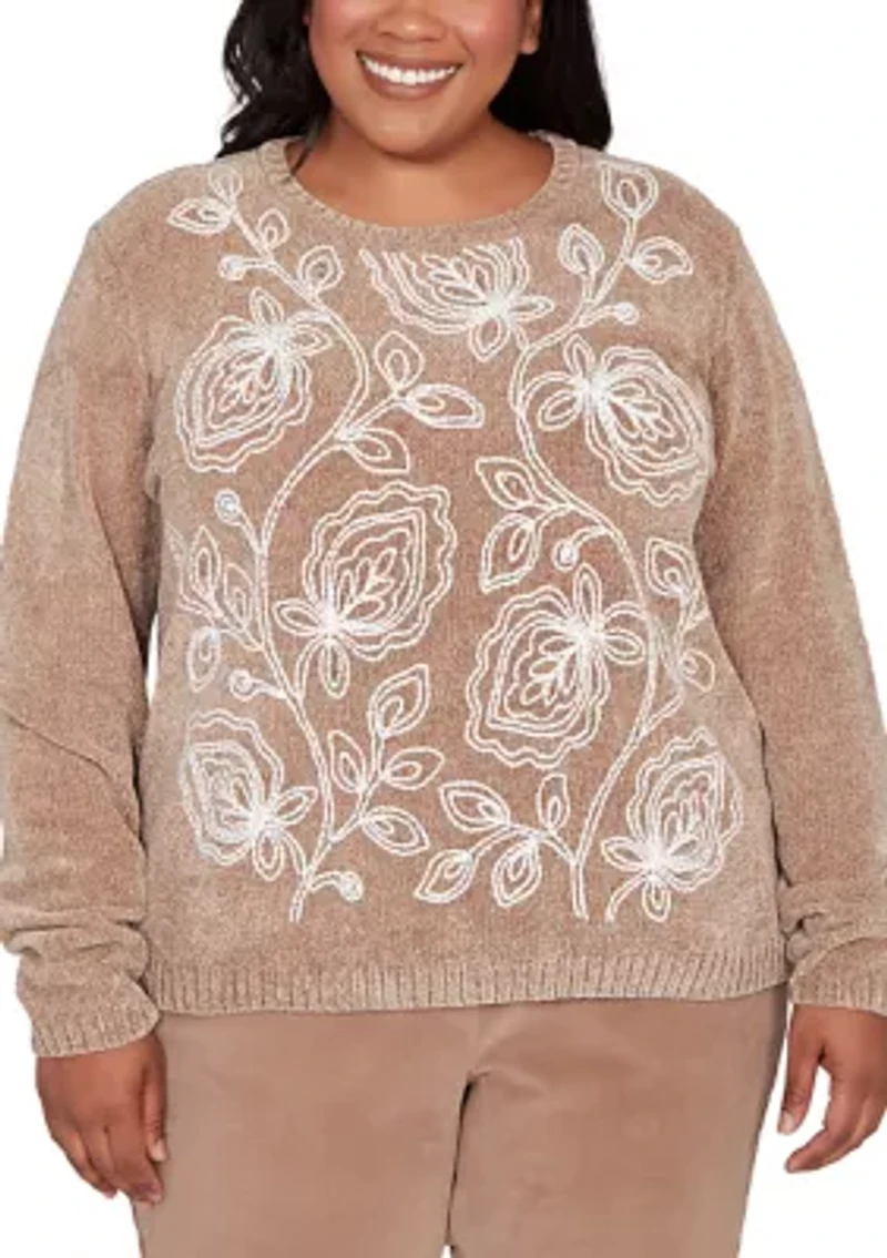 Plus Vienna Stitched Leaves Chenille Sweater