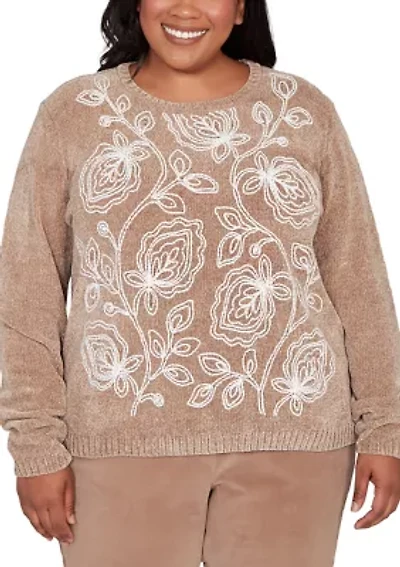 Plus Vienna Stitched Leaves Chenille Sweater