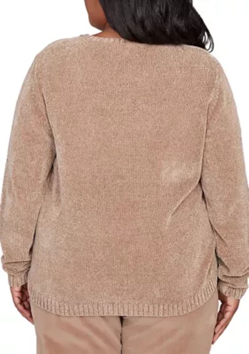 Plus Vienna Stitched Leaves Chenille Sweater