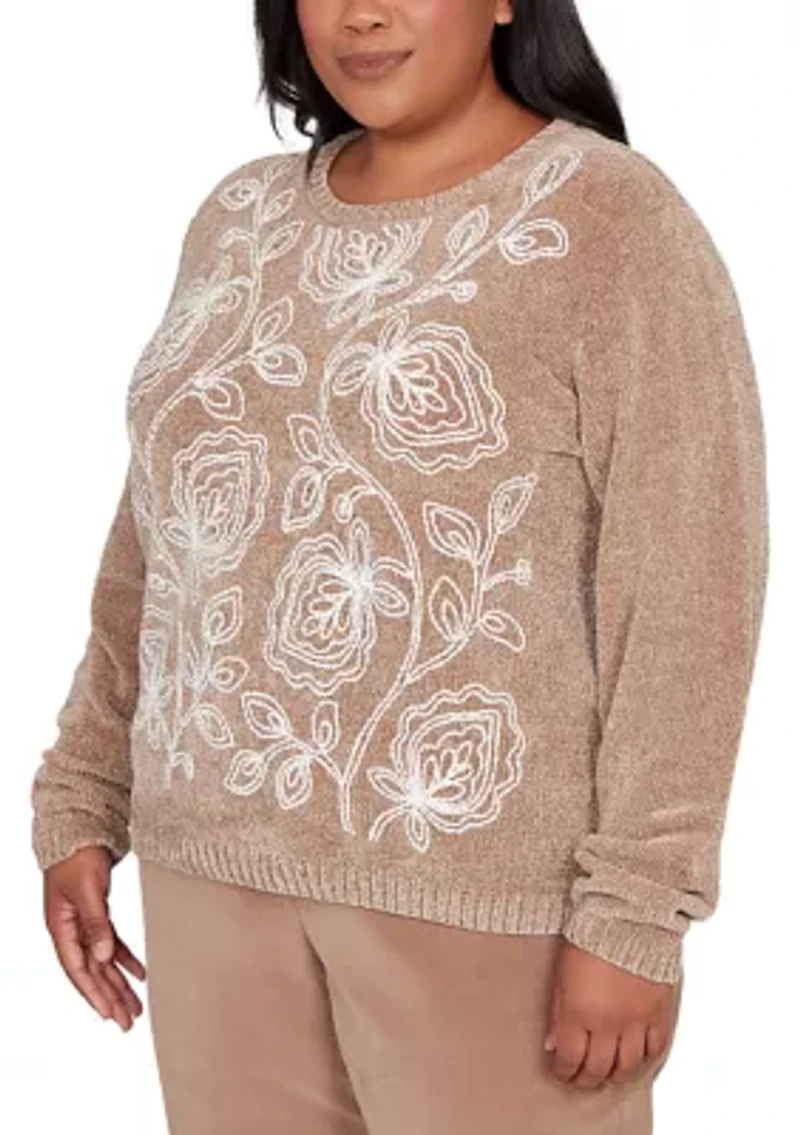 Plus Vienna Stitched Leaves Chenille Sweater