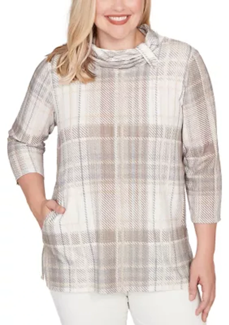 Petite Vienna Plaid Cowl Neck Top