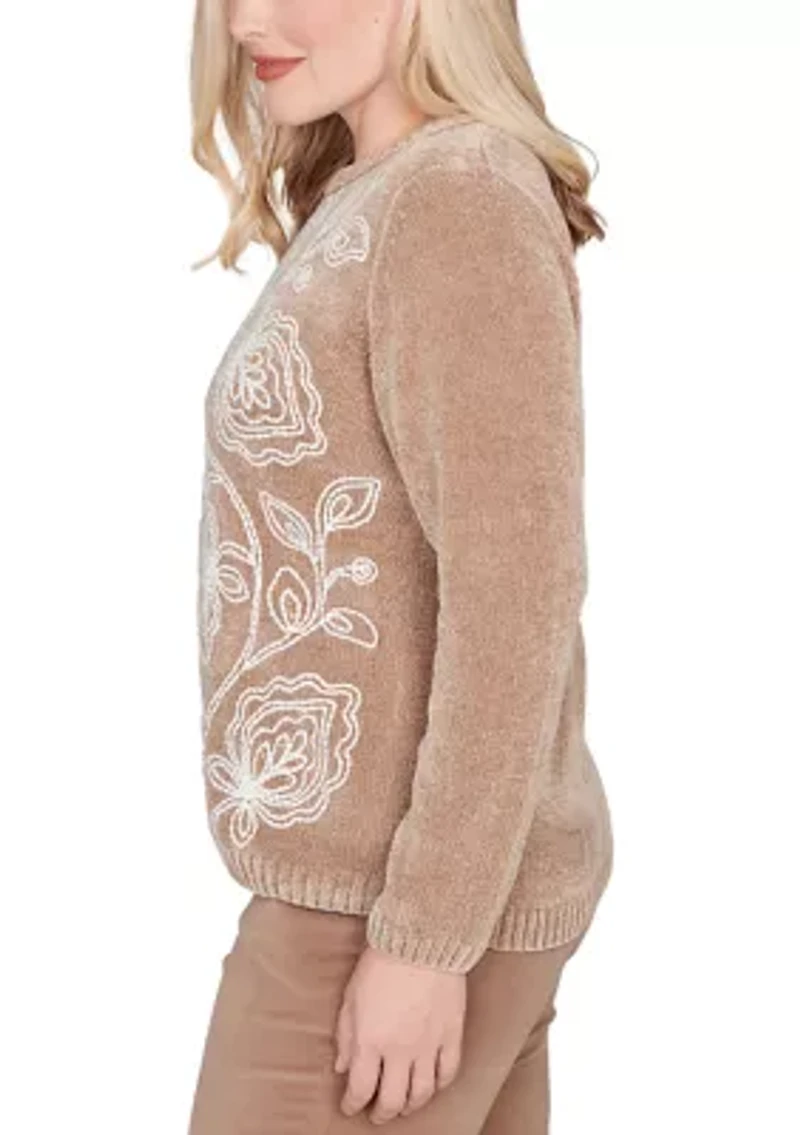 Petite Vienna Stitched Leaves Chenille Sweater