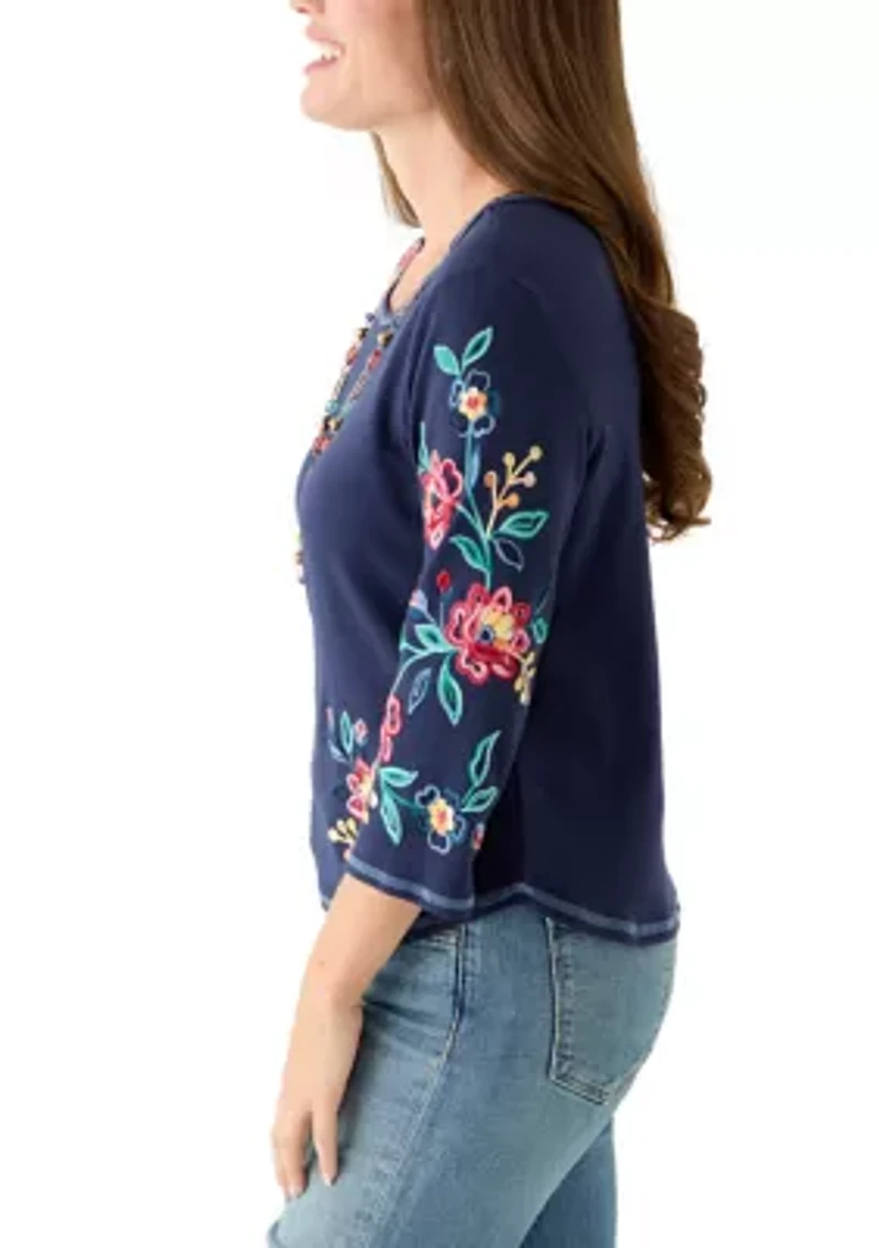 Petite Crew Neck Embroidered Sleeve Top