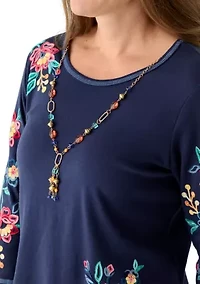 Petite Crew Neck Embroidered Sleeve Top