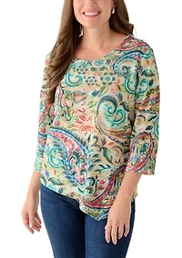 Petite Three-Quarter Sleeves Asymmetrical Hem Paisley Top